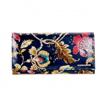 Дамско портмоне ENZO NORI модел CLASSIQUE естествена кожа син с цветя